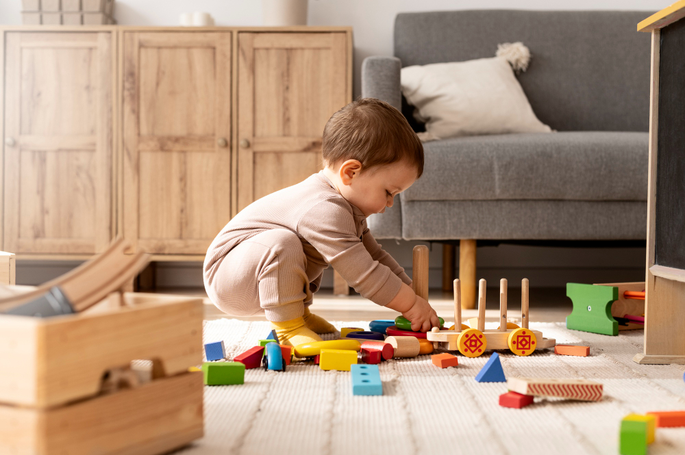 criança de 1 ano brincando com brinquedos de encaixar coloridos de madeira